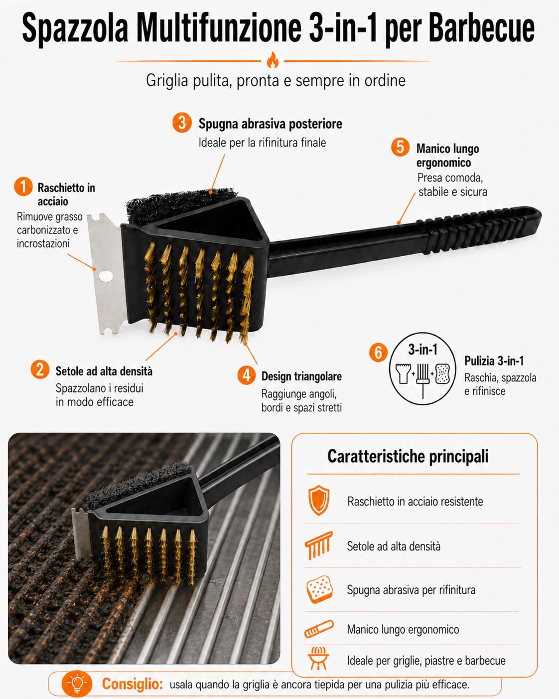BOXOB spazzola barbecue 3 in 1 con raschietto in acciaio