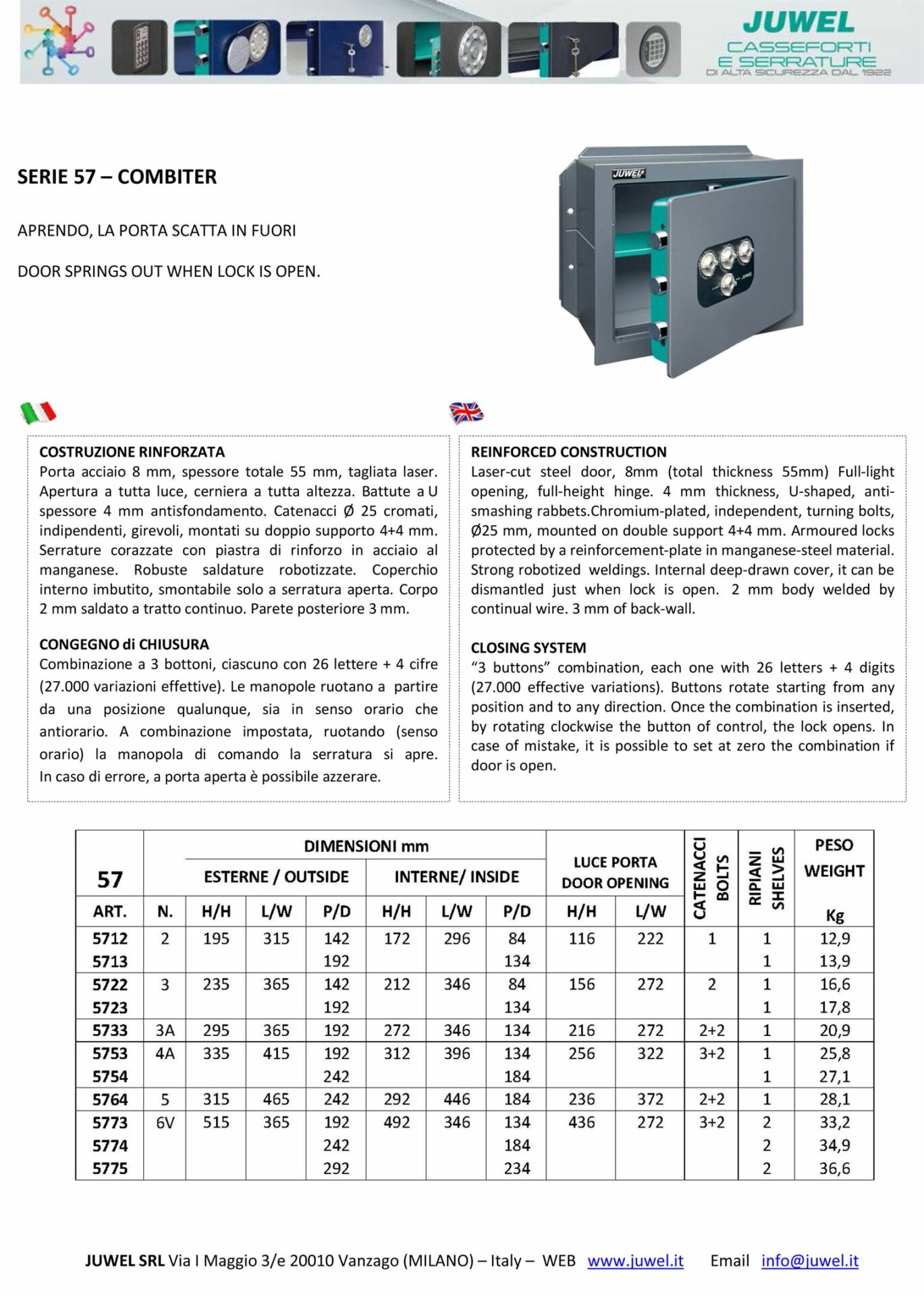 Spinardi Serie 57 cassaforte combinazione rinforzata