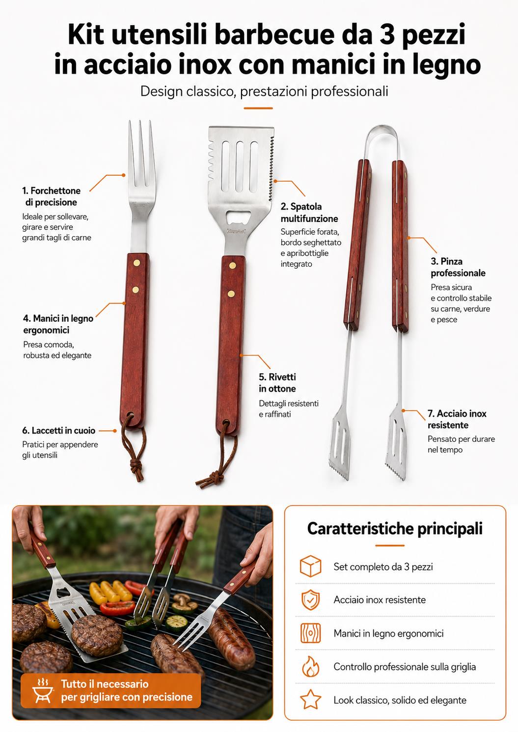 Boxob kit utensili barbecue 3 pezzi inox manico legno