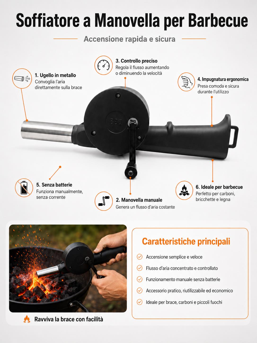 BOXOB Soffiatore a Manovella Barbecue Manuale Accensione Rapida