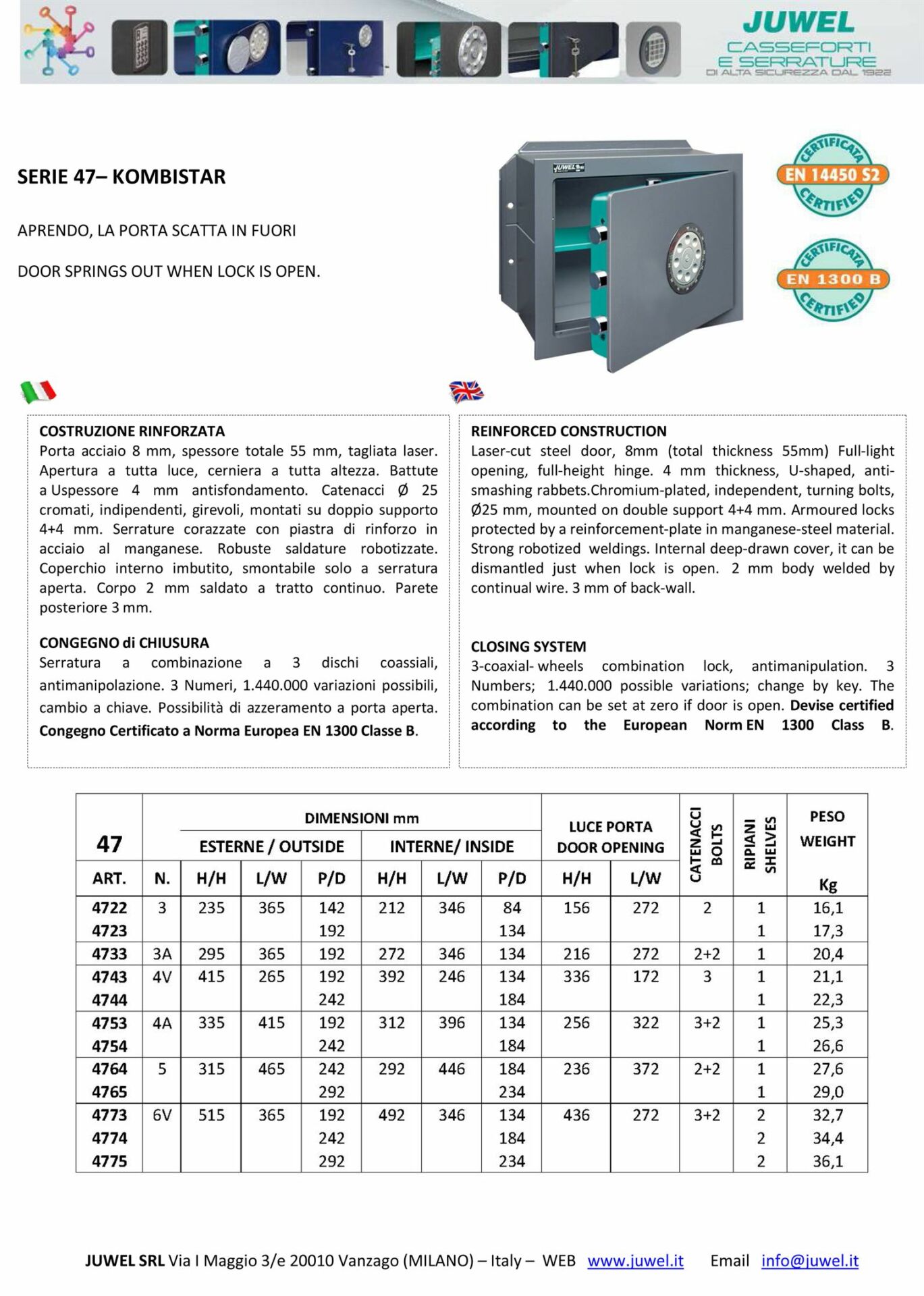 Spinardi Serie 47 cassaforte combinazione acciaio