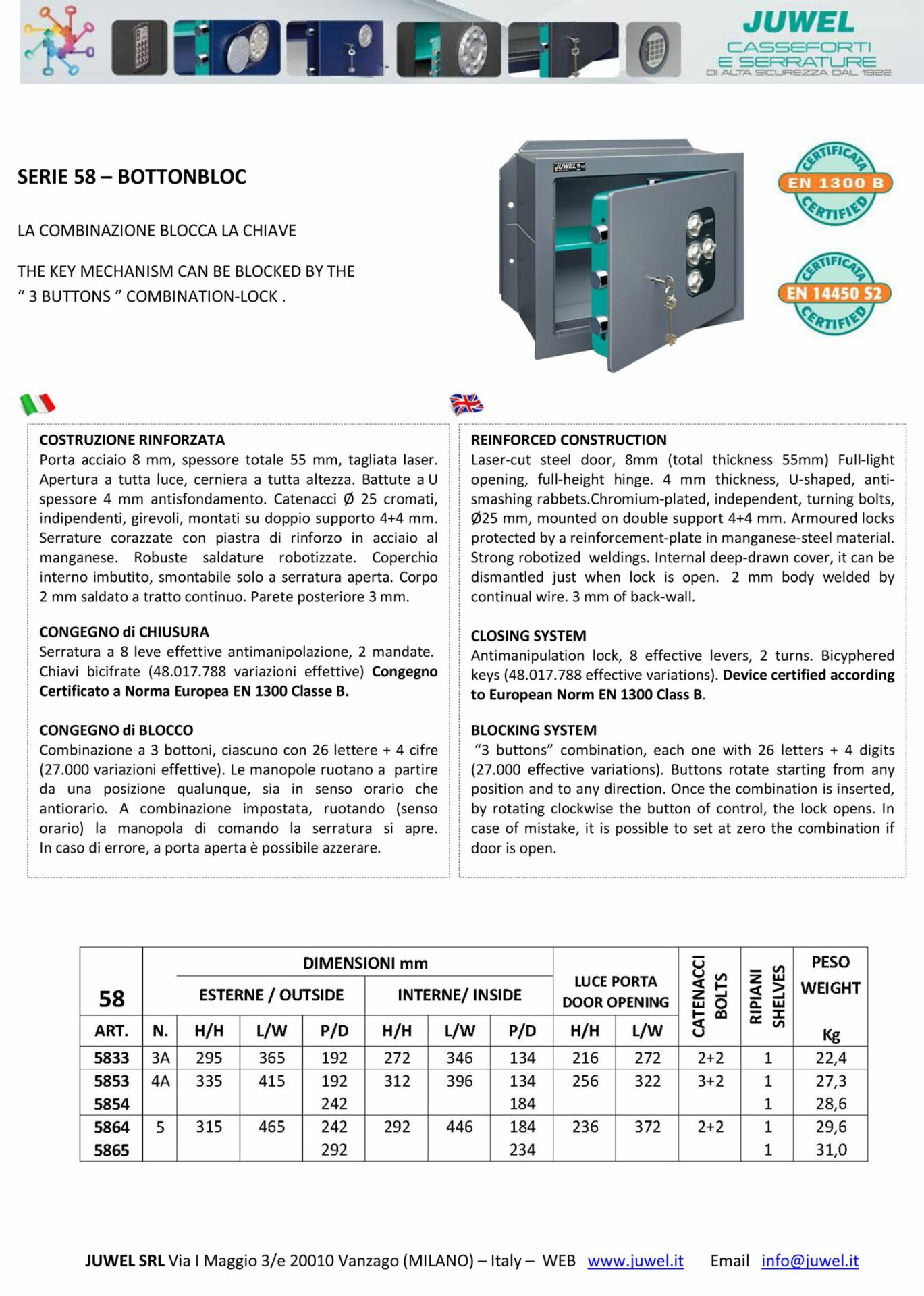 Spinardi Serie 58 cassaforte chiave + combinazione porta 8 mm