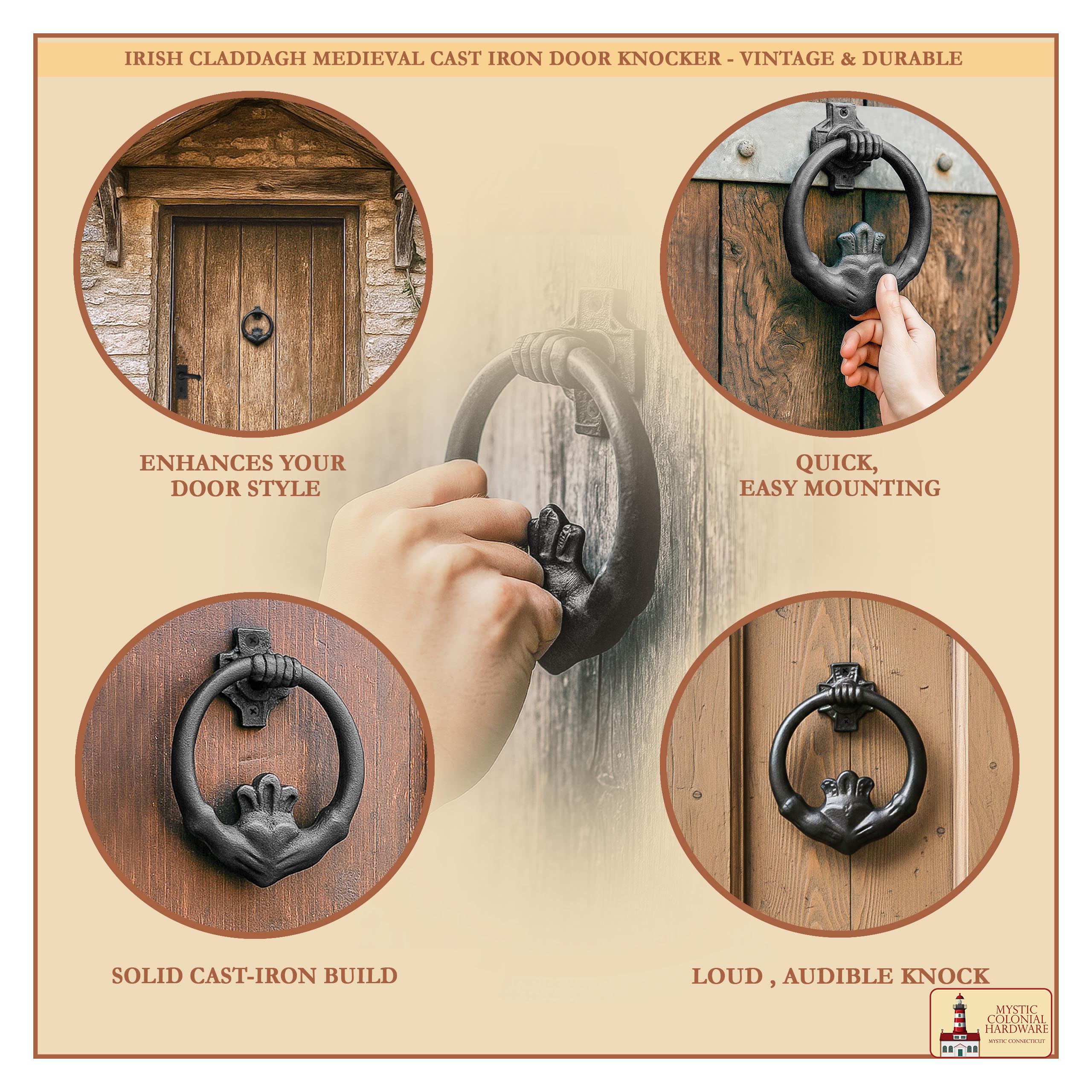Mystic Colonial Hardware batacchio Claddagh ghisa nero