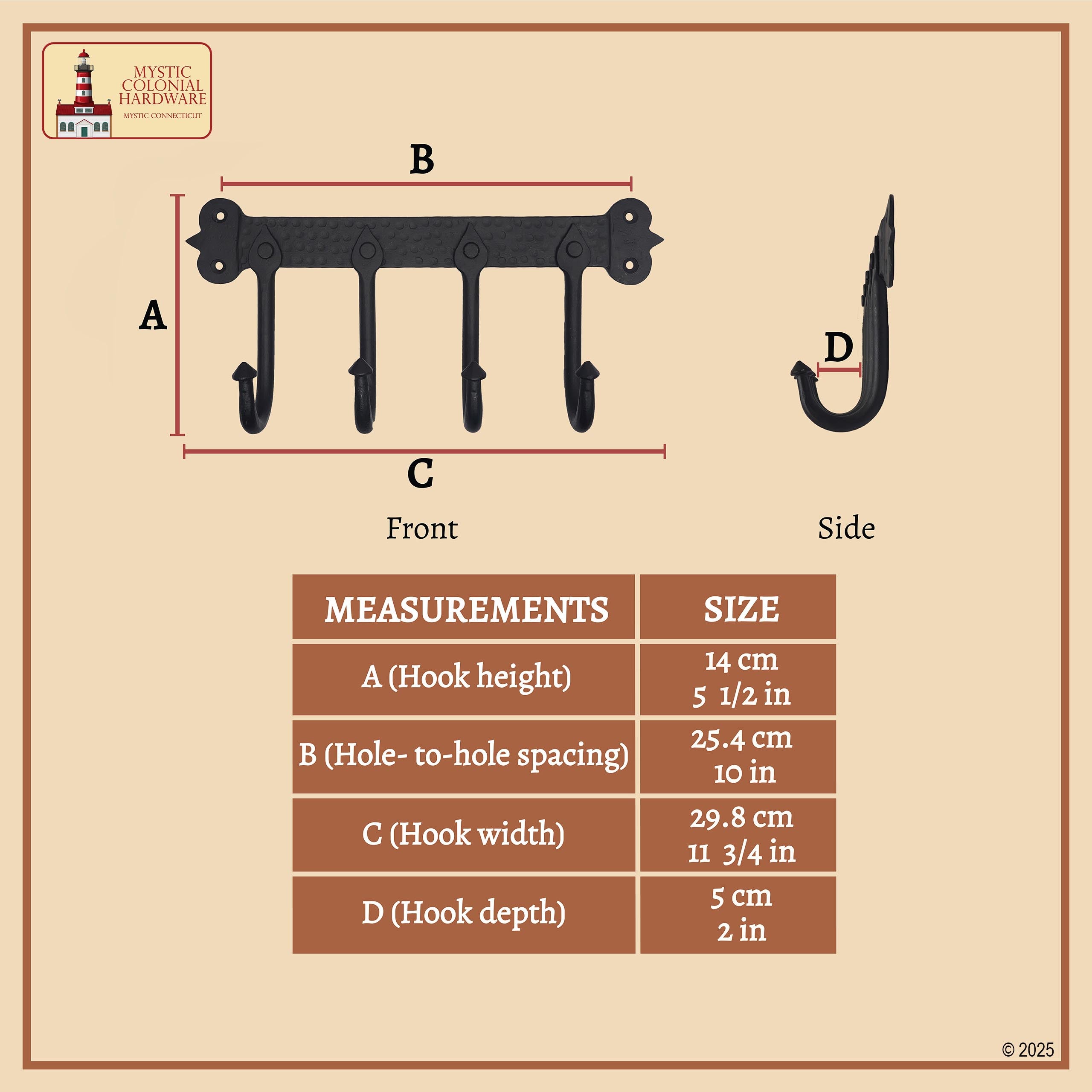 Mystic Colonial Hardware Appendiabiti 4 Ganci Ferro 29,2 cm