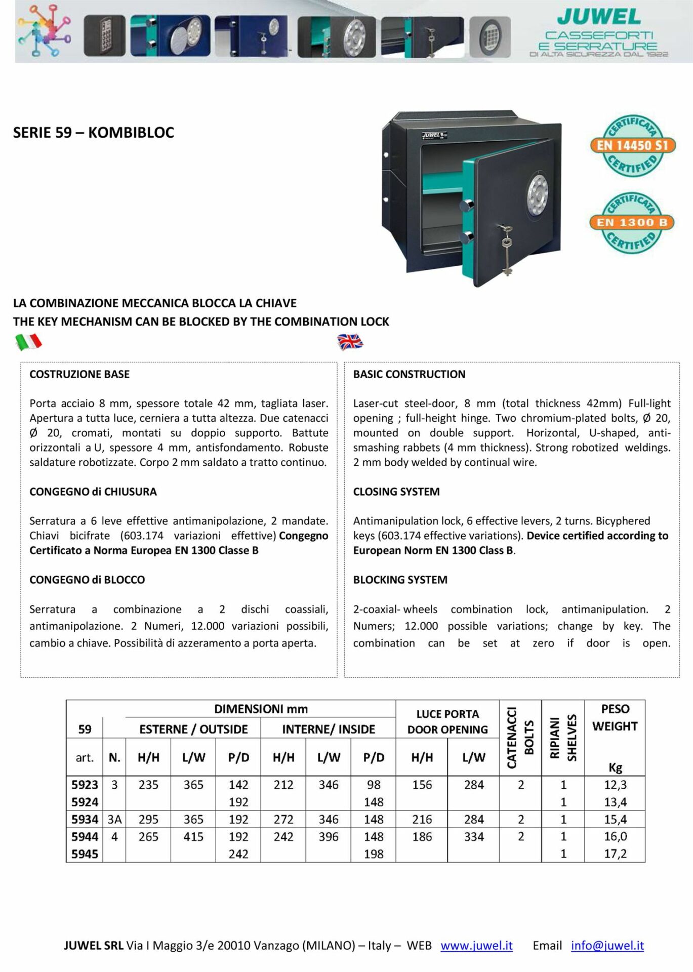 Spinardi Serie 59 cassaforte a chiave combinazione