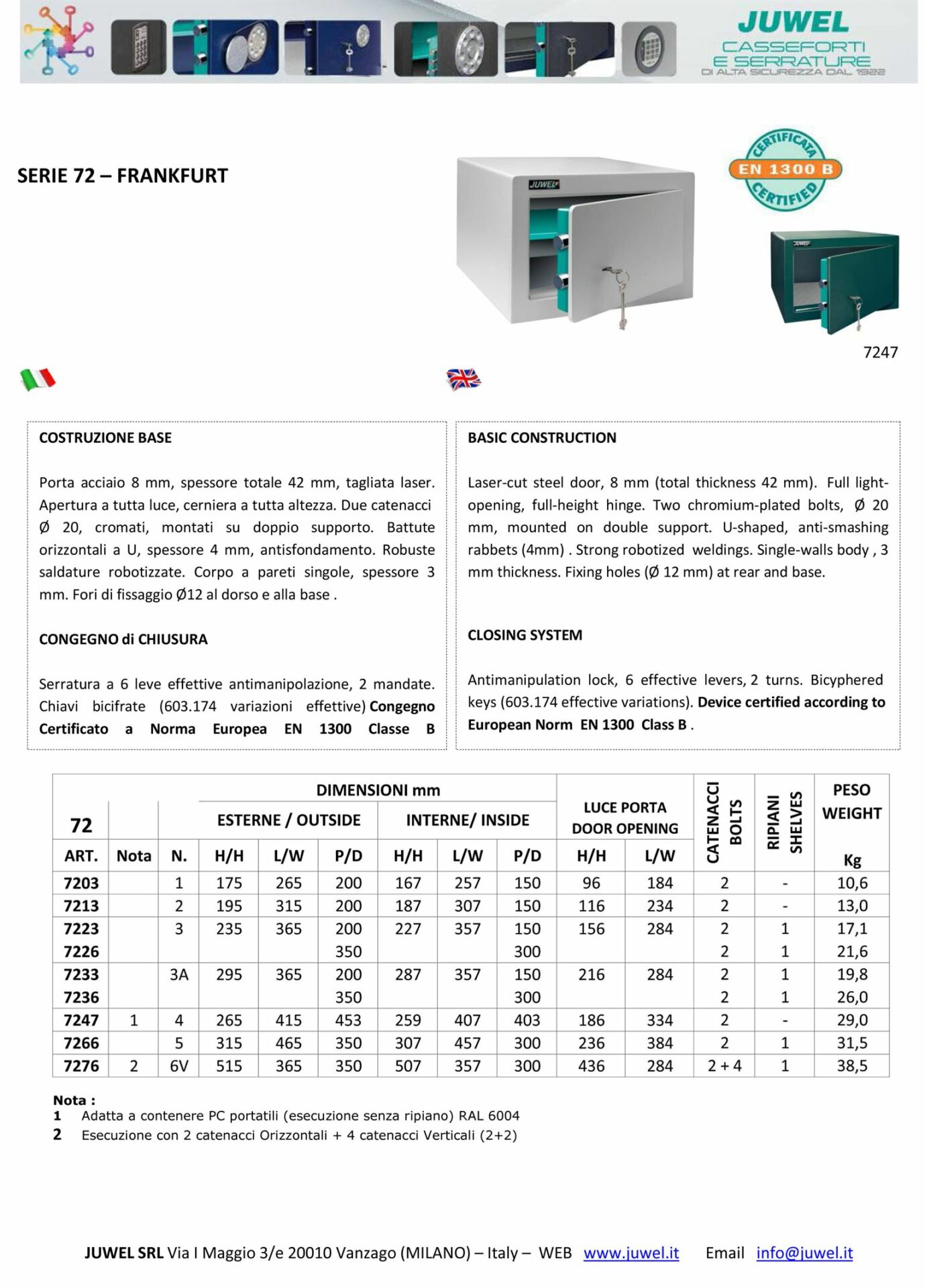 Spinardi Serie 72 cassaforte serratura 6 leve