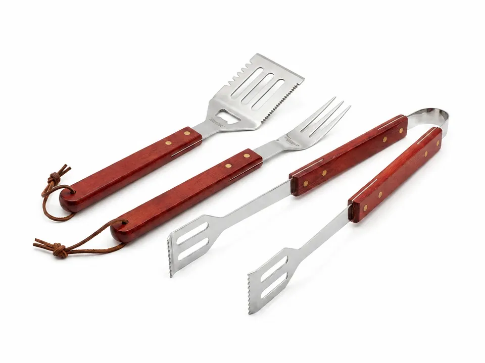 Boxob kit utensili barbecue 3 pezzi inox manico legno