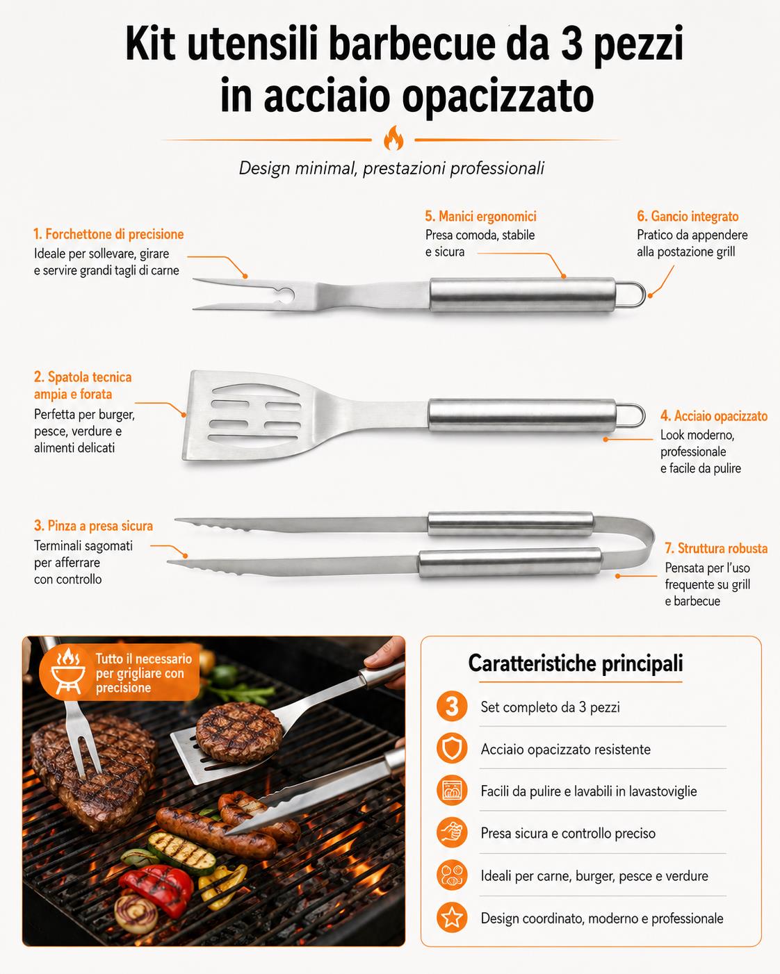 BOXOB kit utensili barbecue acciaio opacizzato 3 pezzi