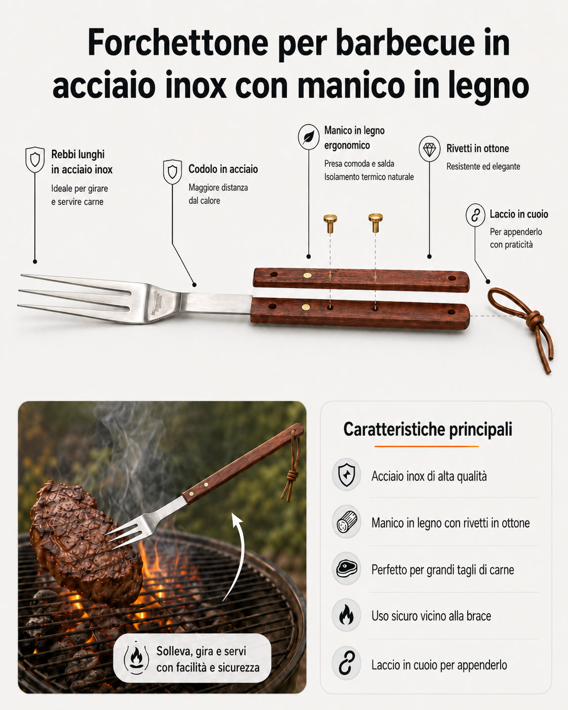 BOXOB forchettone barbecue acciaio inox manico legno