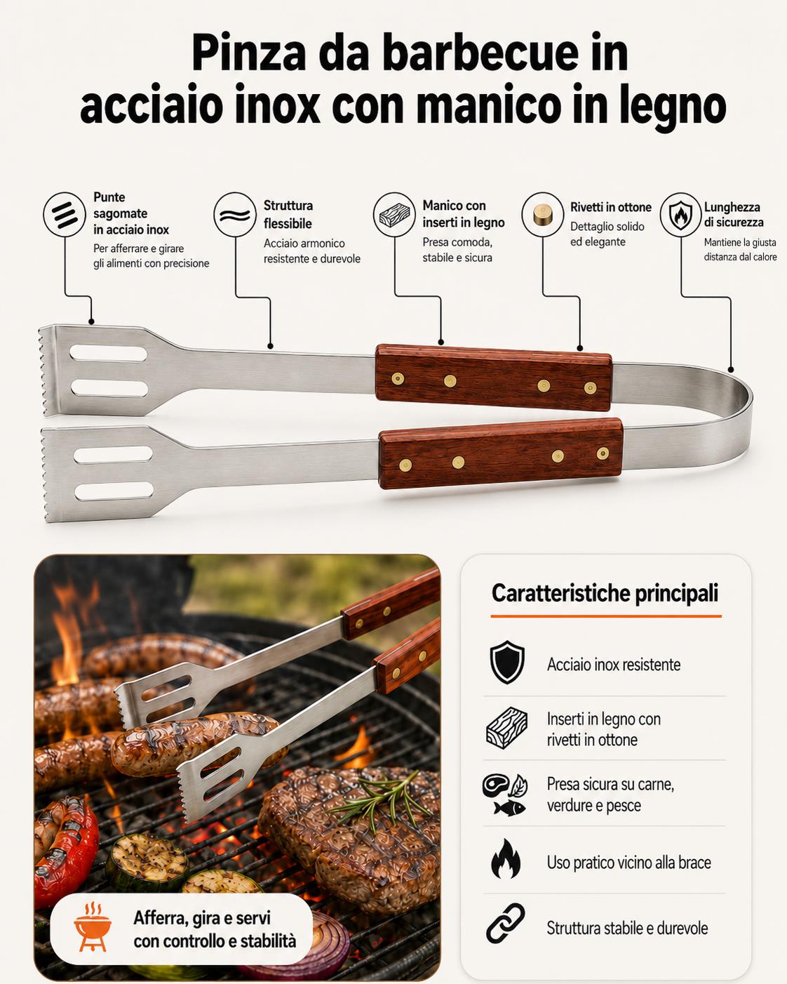 BOXOB pinza barbecue acciaio inox manico in legno