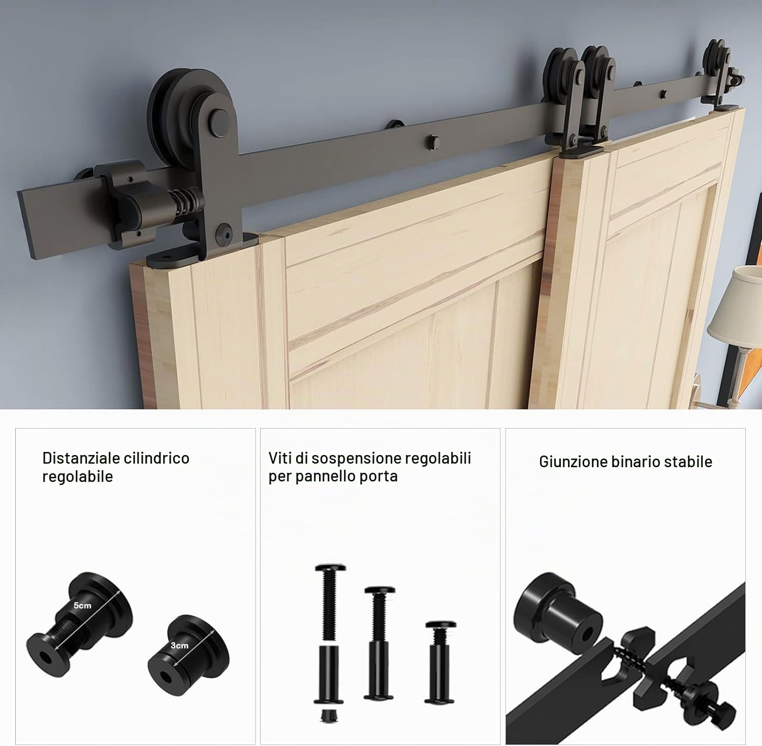 ETIASQSA Forma T 152 cm kit binario porta scorrevole nero bypass