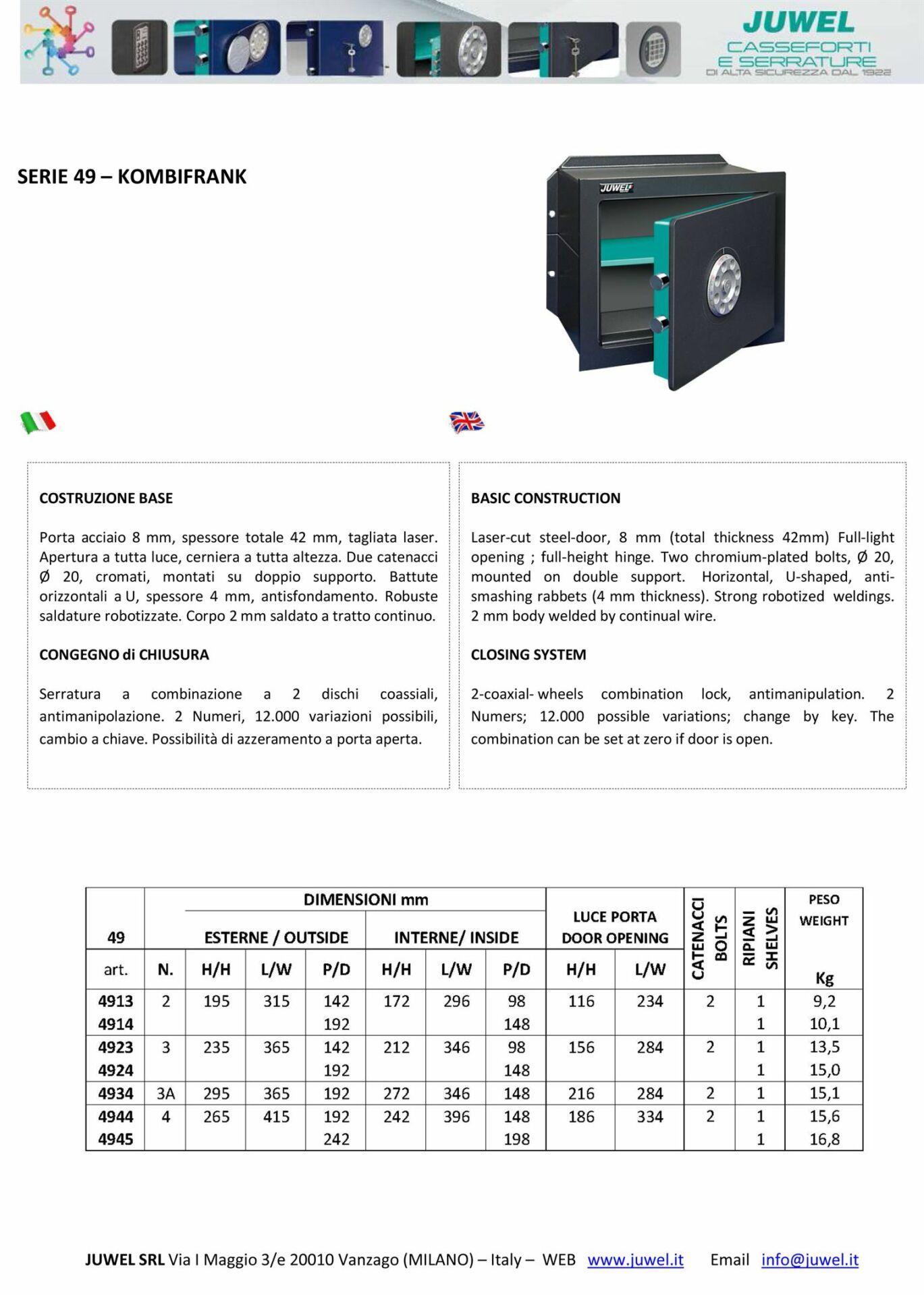 Spinardi Serie 49 cassaforte combinazione 2 dischi
