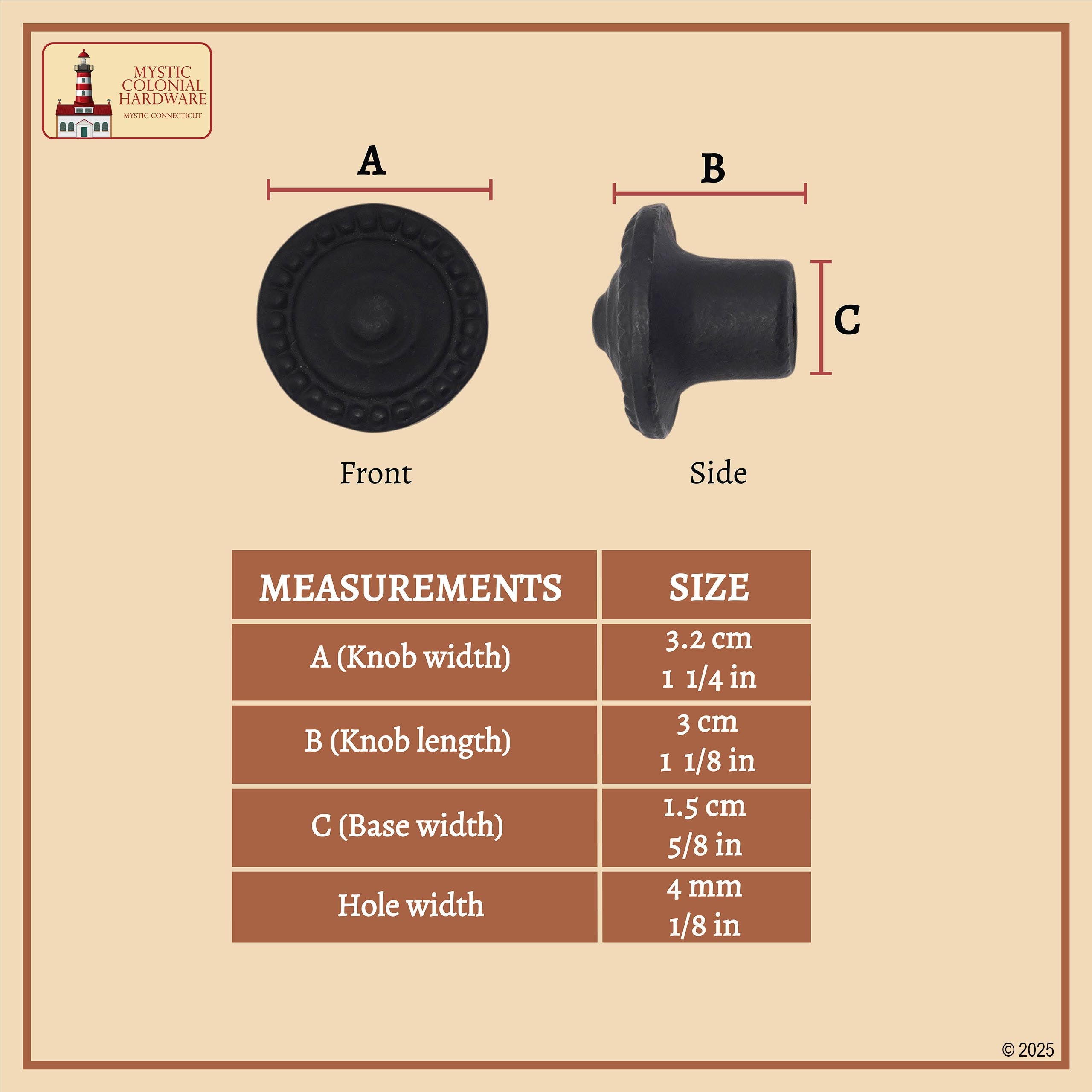 Mystic Colonial Hardware pomello ferro battuto 3,5 cm set 4 pezzi nero